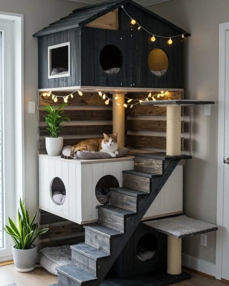 Multi-Level Indoor Cat Clubhouse with Miniature Wooden Stairs