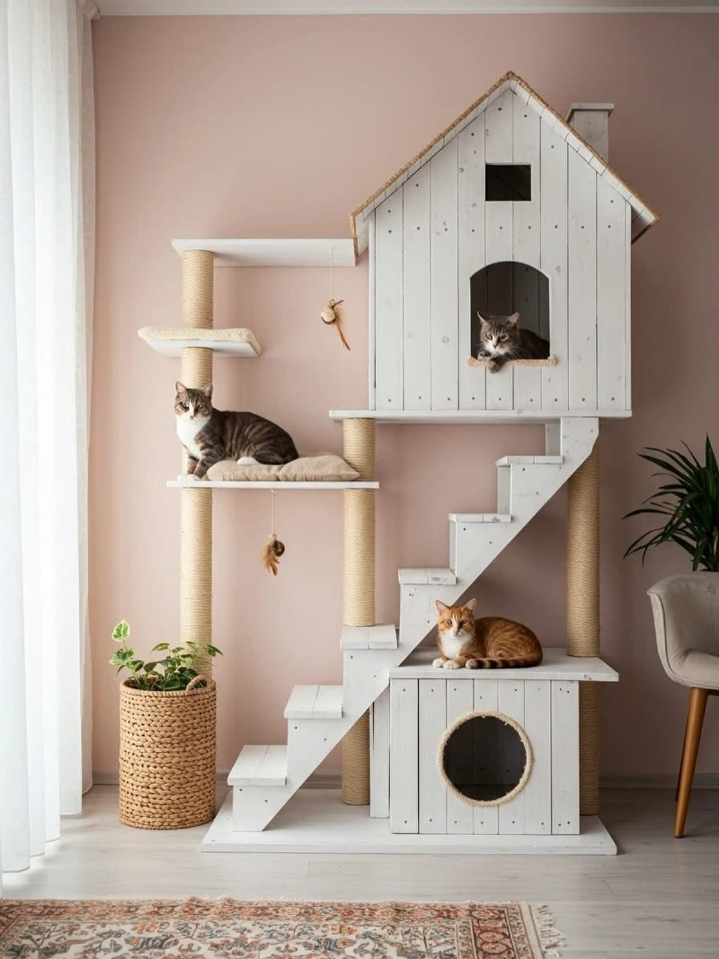 Multi-Level Whitewashed Wooden Cat Mansion with Integrated Staircase and Sisal Pillars