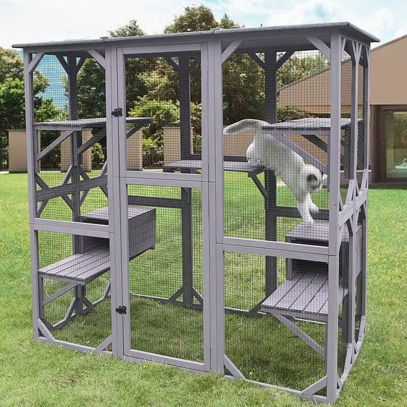 Multi-Tiered Lavender-Gray Open Air Catio with Climbing Ramps