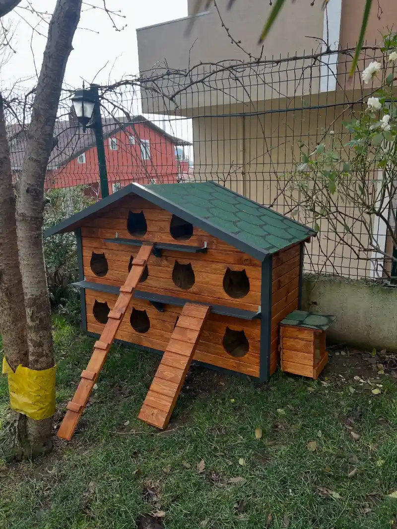 Multi-Unit Stained Wood Cat Condo with Cat-Shaped Cutouts and Long Ramps