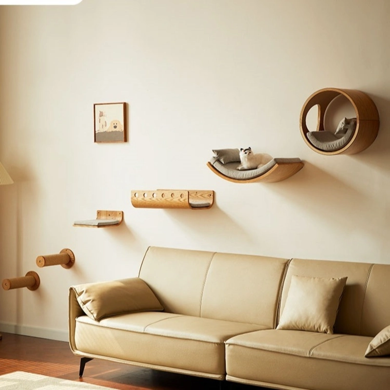 Natural Oak Curved Loungers and U-Shaped Play Troughs with Grey Fabric Liners Above a Camel Leather Sofa