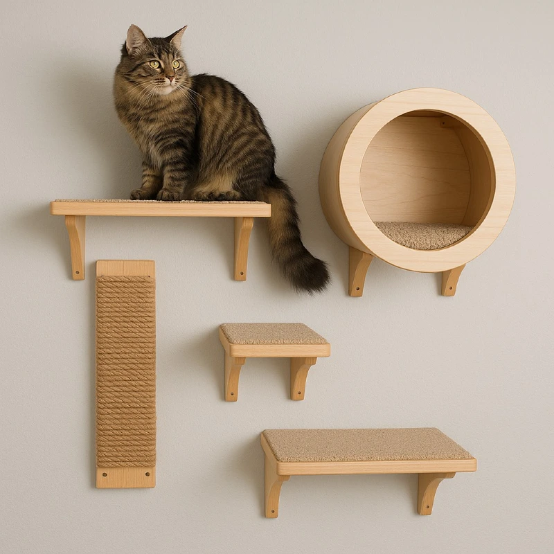 Nordic-Style Light Birch Cat Lounge System with Inlaid Sisal Pads