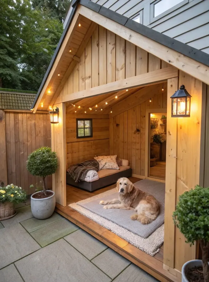 Open-Fronted Timber Patio Pavilion with Warm String Lights