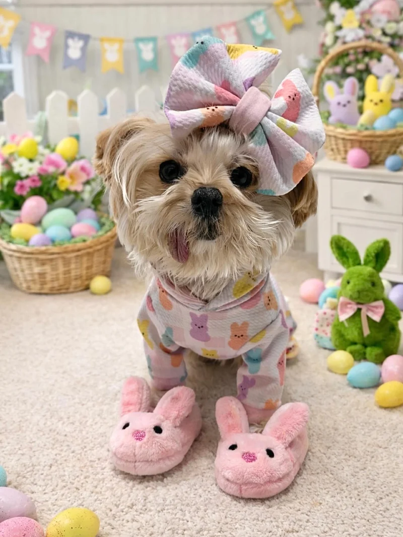 Pastel Peeps Print Hoodie and Bunny Slippers on a Morkie Mix