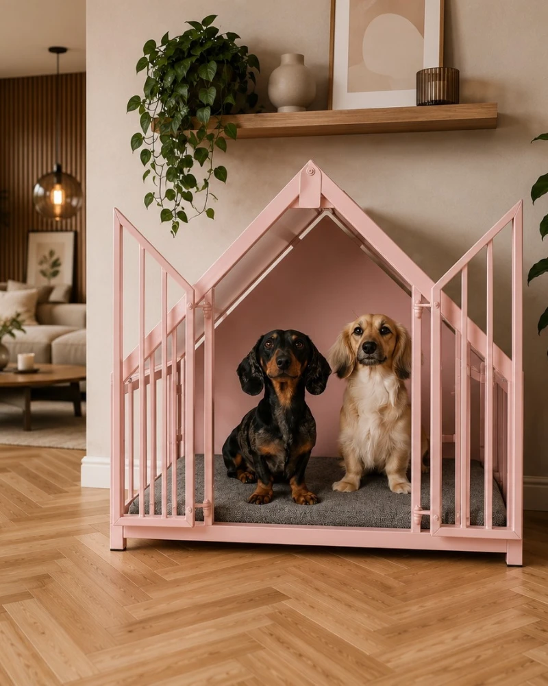 Pastel Pink Gabled Metal Kennel with Saloon-Style Slatted Doors