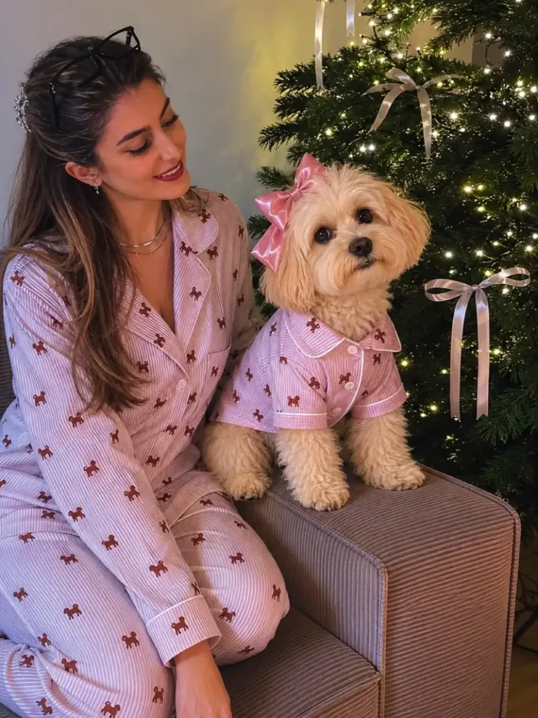 Pinstriped Pink Pajama Shirt with Satin Bow on a Cream Maltipoo