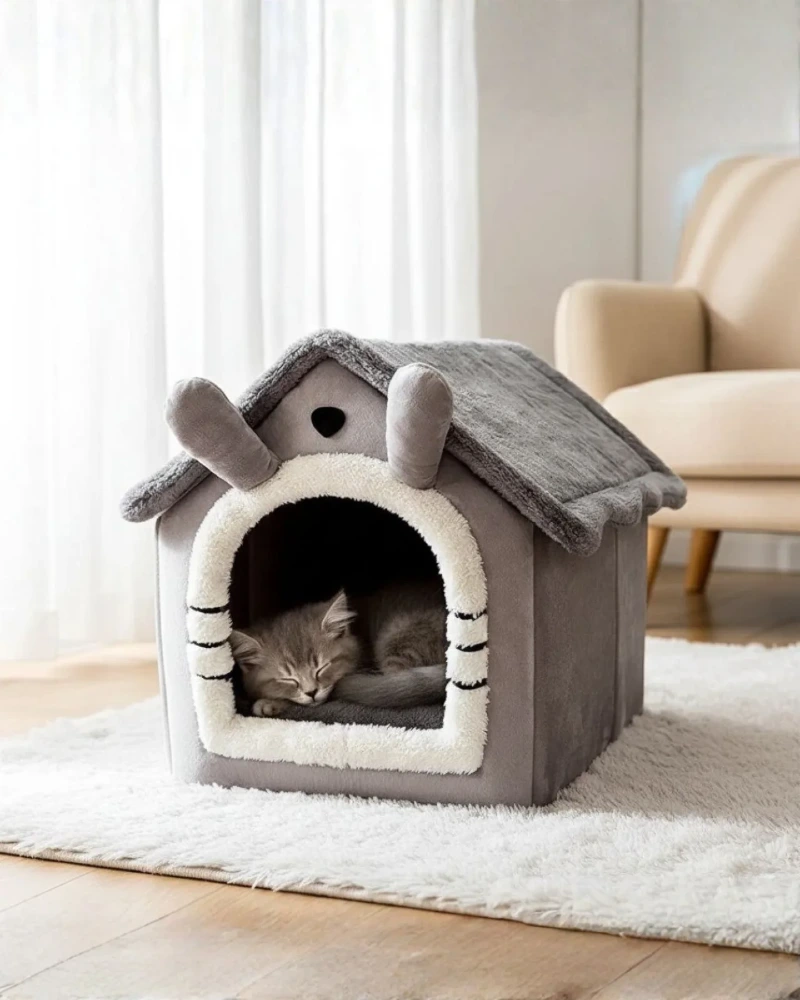 Plush Gray Fabric Cottage Bed with White Faux-Fur Trim and Scalloped Roof