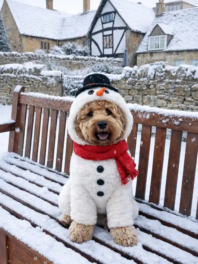 Plush Snowman Onesie with Tiny Top Hat and Red Scarf on a Golden Cavapoo