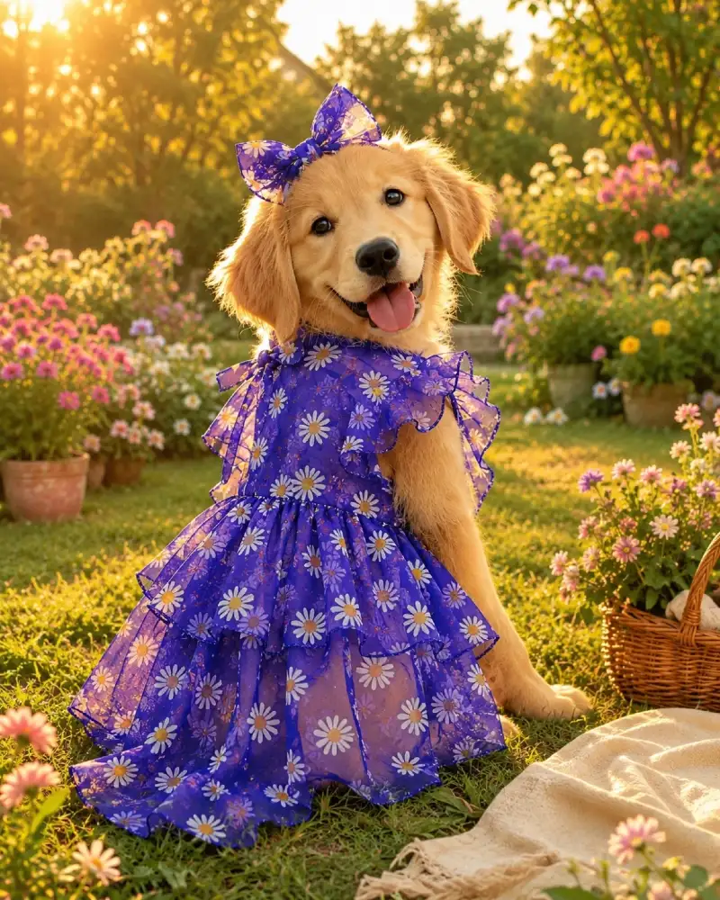 Purple Ruffled Daisy Dress and Matching Bow on a Golden Retriever Puppy