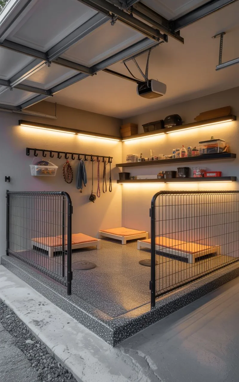 Raised Epoxy Garage Kennel Zone with Black Wire Fencing and Warm LED Strip Lighting