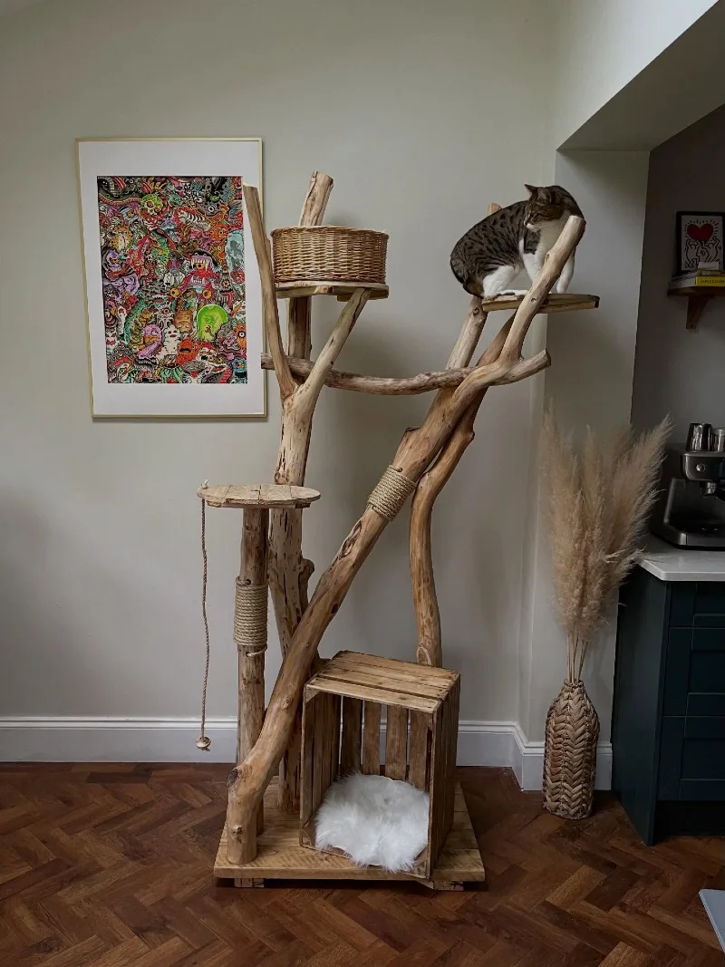 Real Branch Cat Tree with Wooden Crate Base