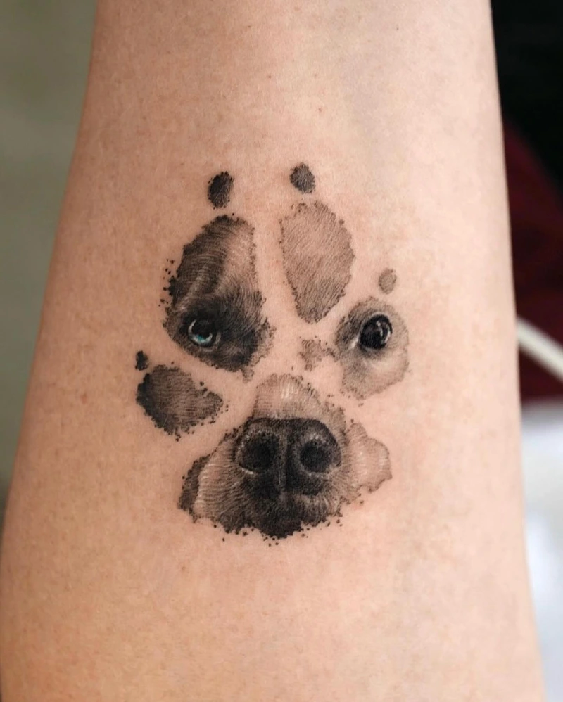 Realistic Dog Portrait Blended with a Textured Paw Print Tattoo