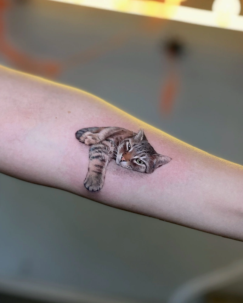Realistic Lounging Tabby Cat Tattoo with Extended Paw on the Forearm