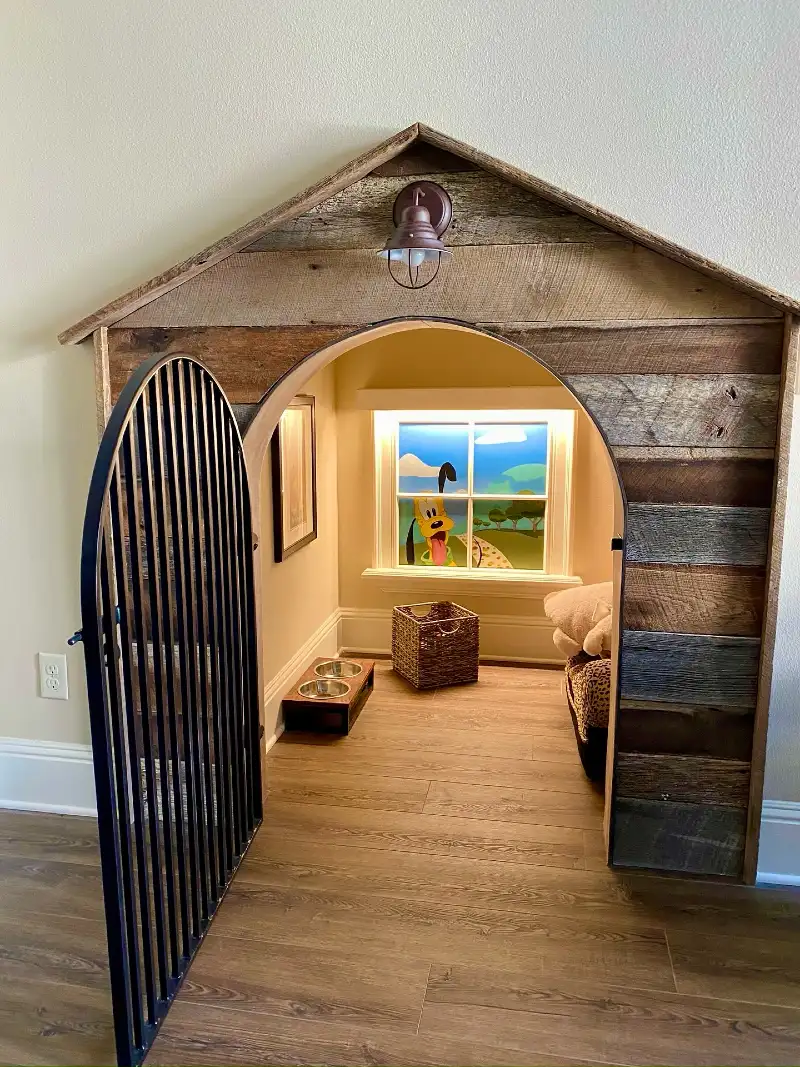 Reclaimed Wood Indoor Dog House with Faux Window Mural