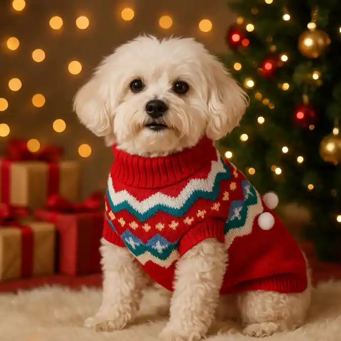 Red Fair Isle Turtleneck with Pom-Poms on a Fluffy White Dog