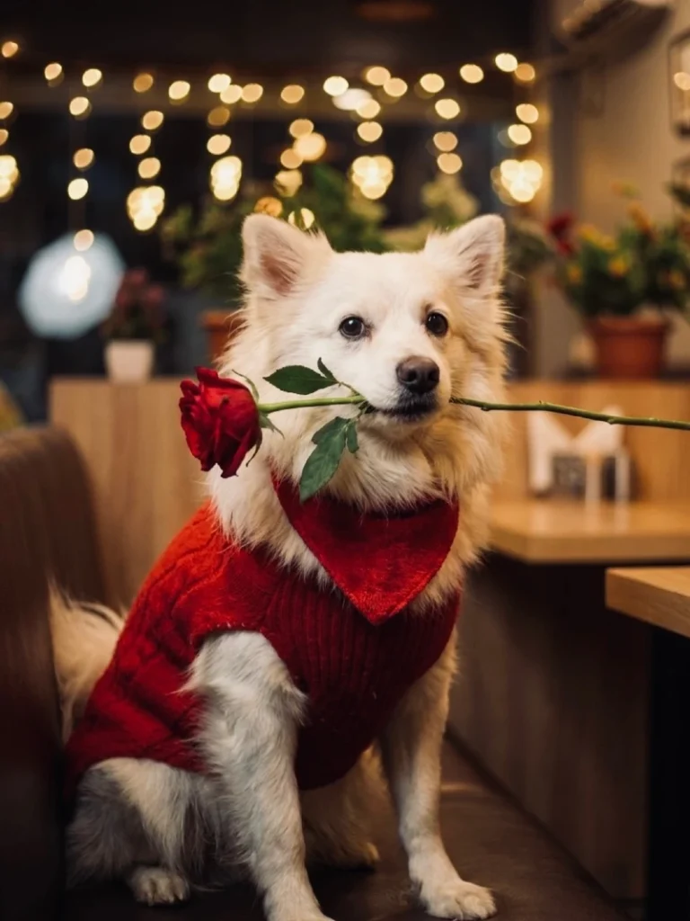 Red Knit Sweater and Rose on a Fluffy White Dog