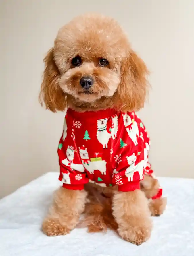 Red Llama-Print Holiday Pajamas on an Apricot Cavoodle