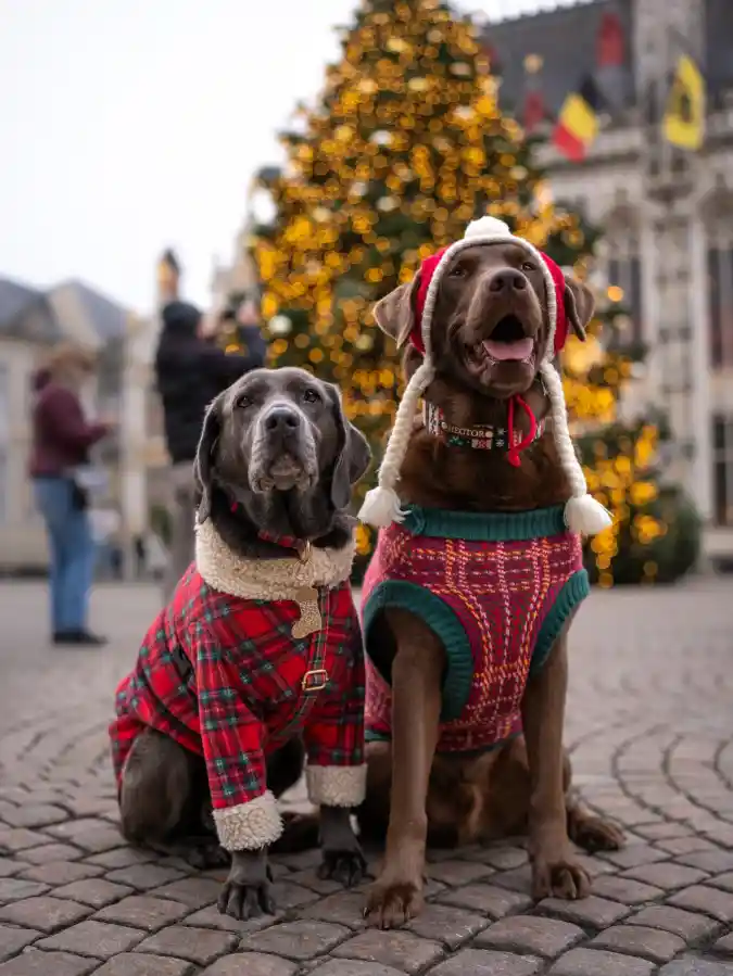 Red Plaid Coat and Knitted Trapper Hat on Two Labradors