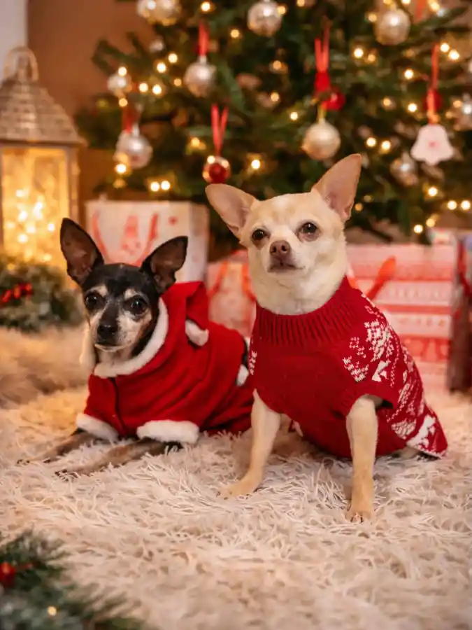 Red Snowflake Knit Vest and Plush Santa Robe on Chihuahuas