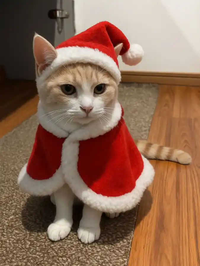 Red Velvet Santa Cape and Slouchy Hat on an Orange and White Feline