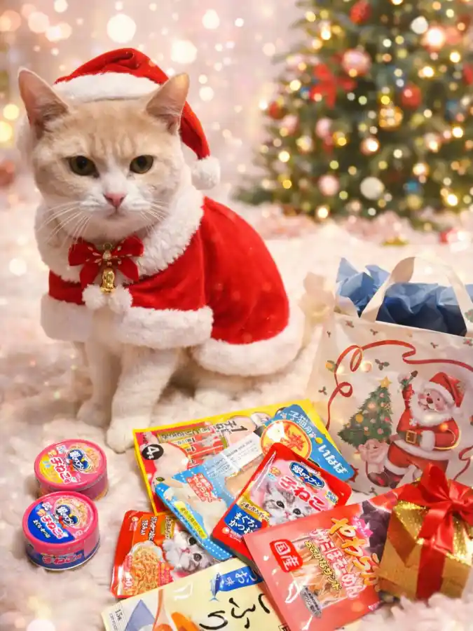 Red Velvet Santa Cloak with Golden Bell Bow and Treats on a Cream Feline