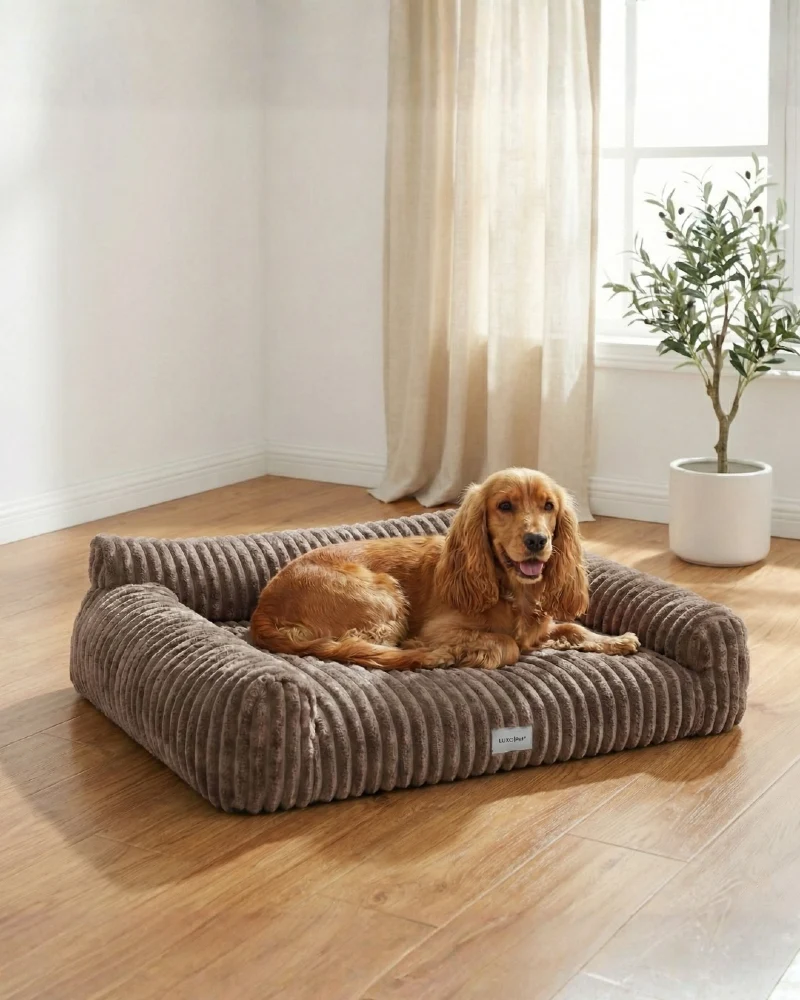 Ribbed Taupe Bolster Bed on Honey Oak Floors