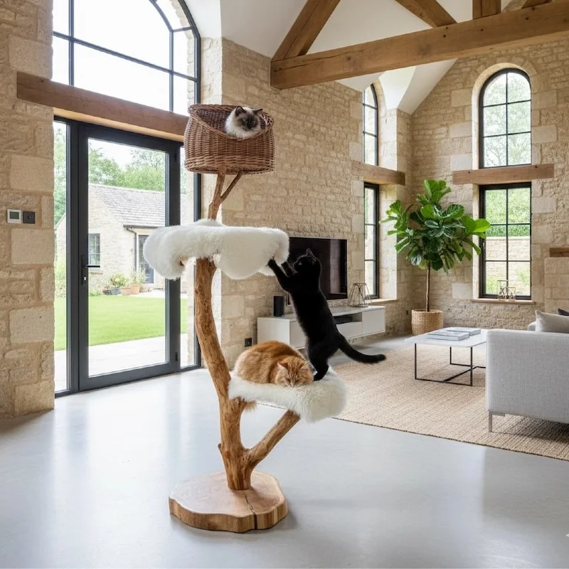 Rustic Log Tree with Sheepskin Layers and Woven Willow Basket