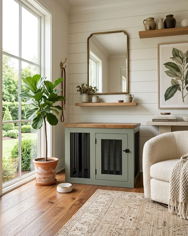 Sage Green Wooden Crate Credenza with Warm Oak Top