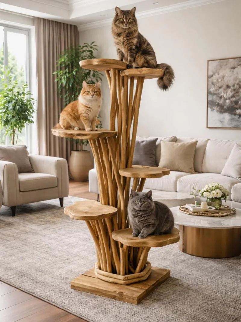 Sculptural Teak Branch Tower with Live-Edge Platforms