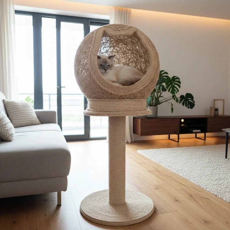 Sculptural Woven Rope Sphere Perch on a Tall Sisal-Wrapped Pedestal