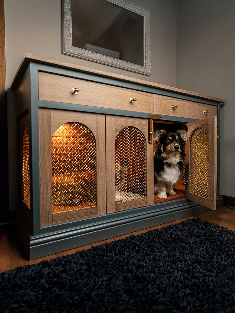 Slate Blue Credenza Crate with Arched Brass Mesh Doors