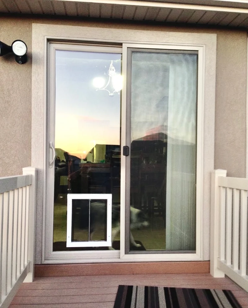 Sliding Glass Deck Door with In-Glass White Pet Portal