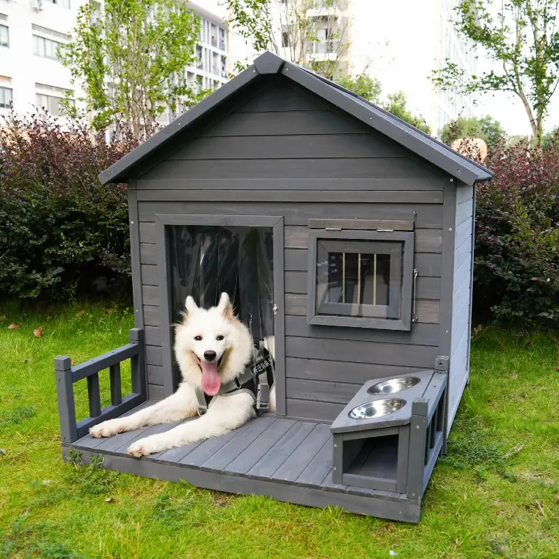 Smoky Gray Clapboard Cabin with Integrated Feeder