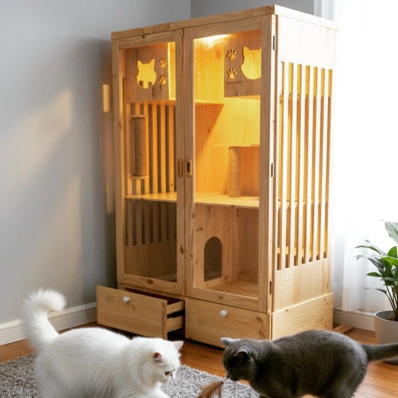Solid Pine Double-Door Cat Wardrobe with Integrated Warm Lighting and Bottom Storage Drawers