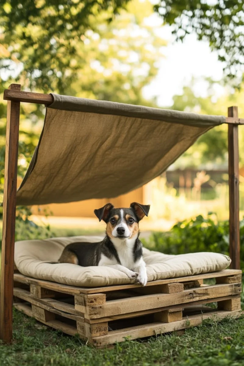 Stacked Wooden Pallet Bed with Canvas Awning