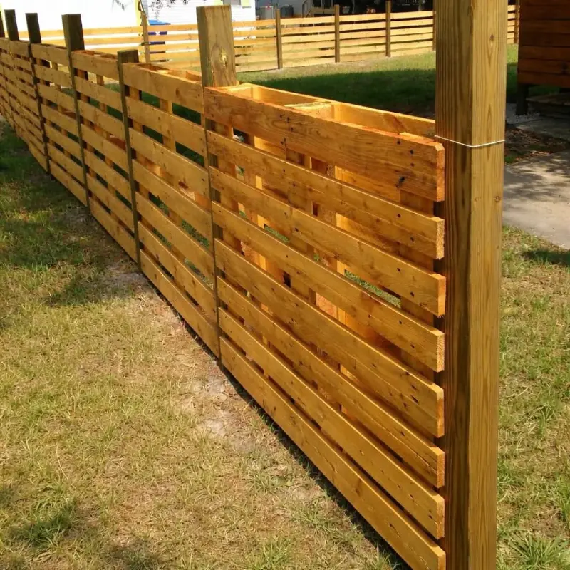 Stained Golden Wood Pallet Fence with Heavy Support Posts
