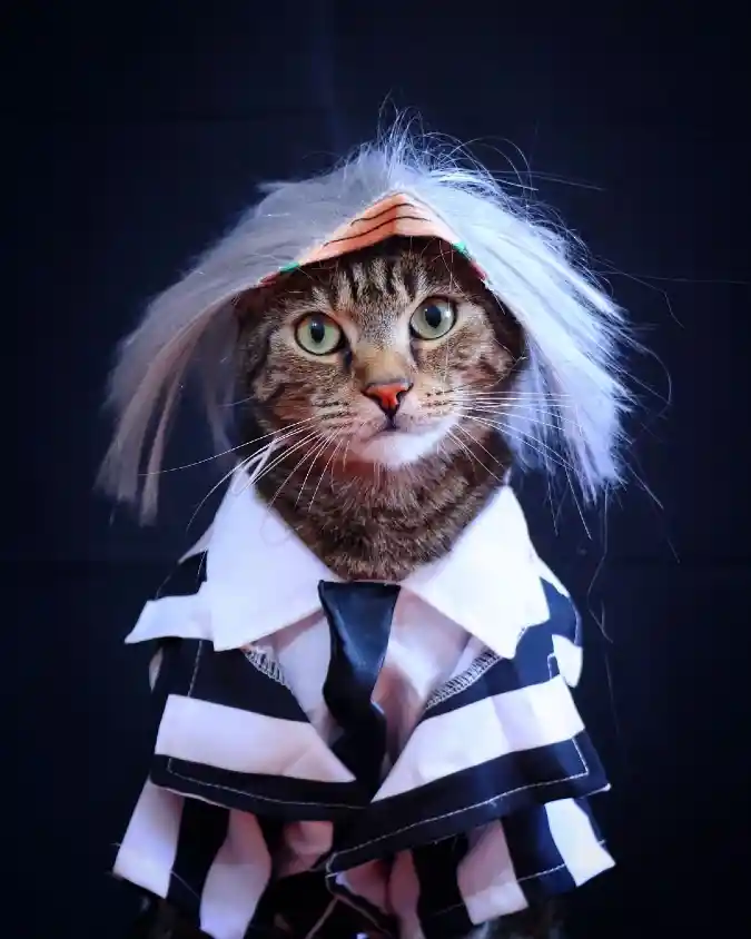 Striped Beetlejuice Suit with Wild Grey Wig on a Tabby Cat