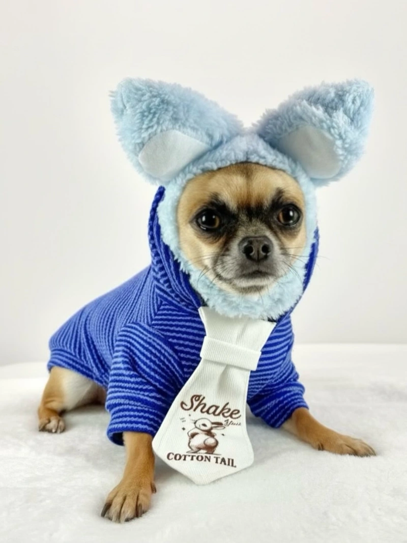 Striped Knit Hoodie with Cotton Tail Tie on a Chihuahua