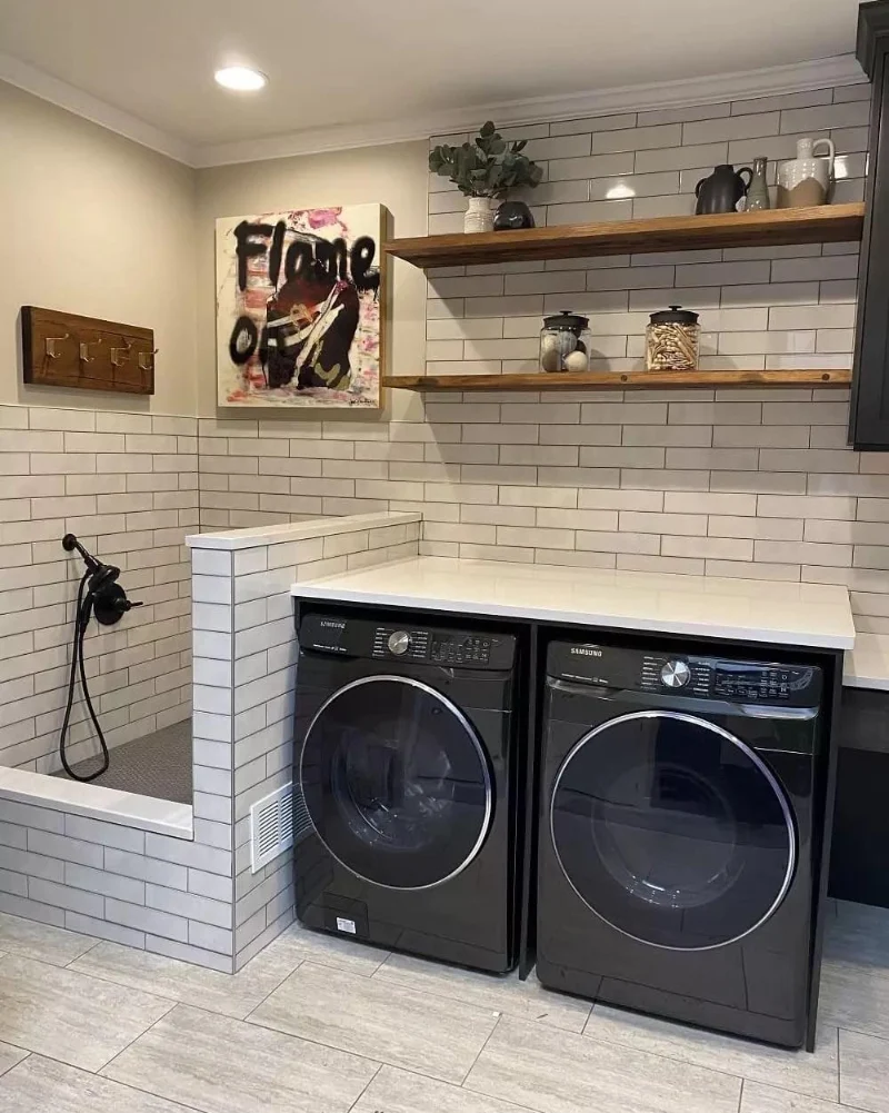 Subway-Tiled Dog Shower Adjacent to Laundry Station