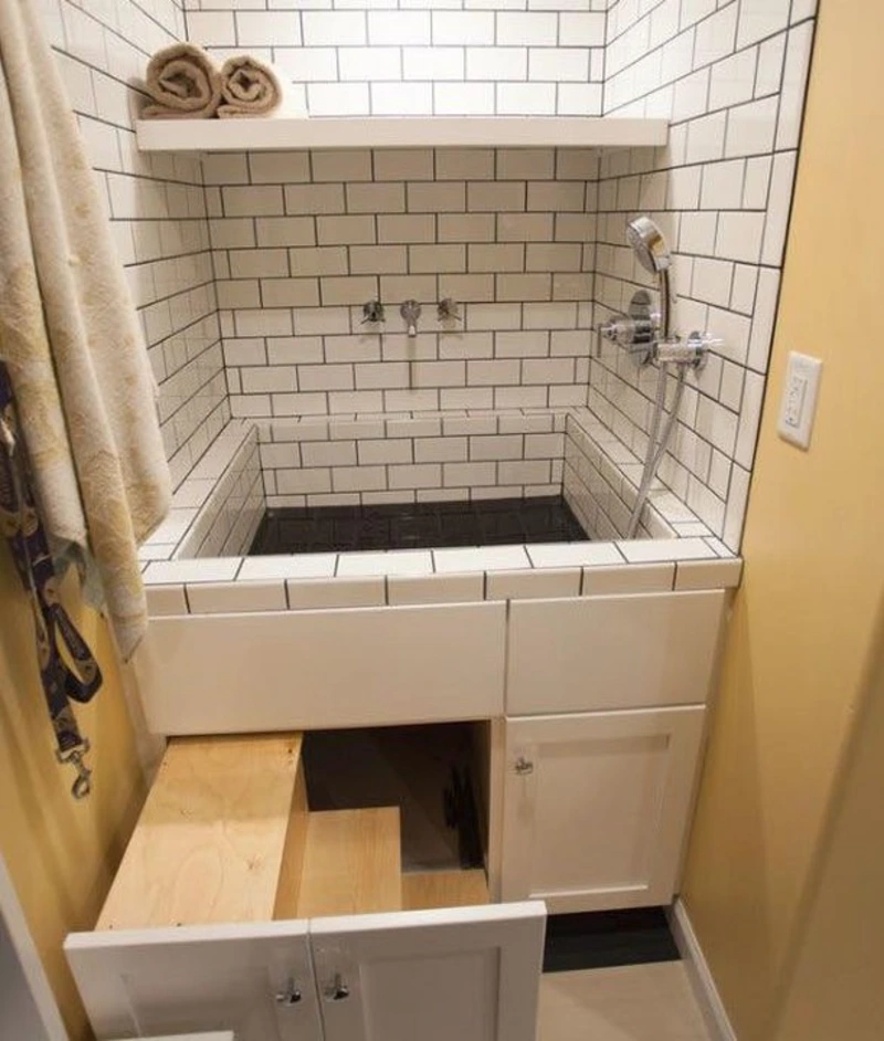 Subway-Tiled Nook with Hidden Pull-Out Wooden Steps