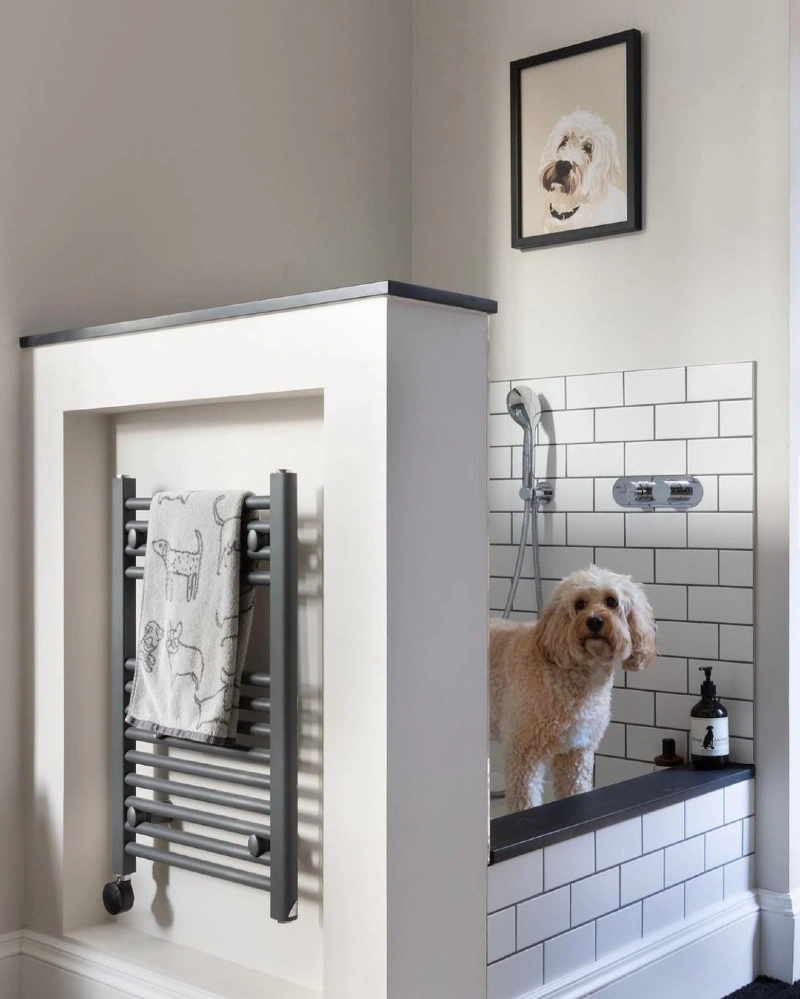 Subway-Tiled Station with Integrated Heated Towel Rail