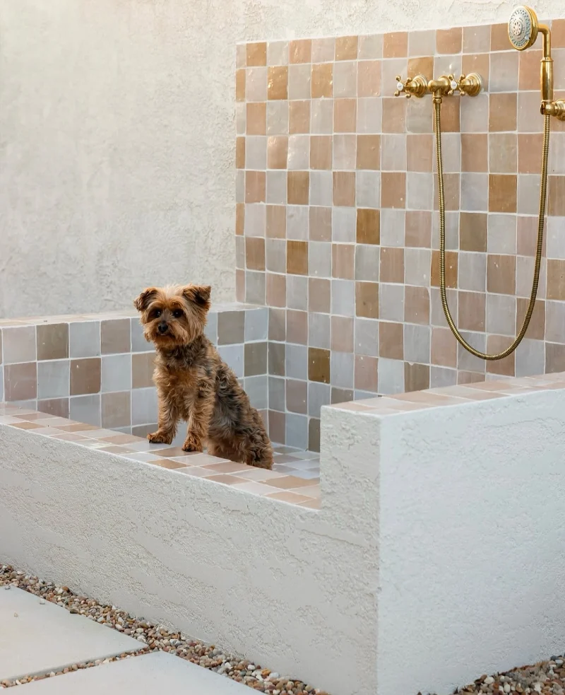 Terracotta Zellige Outdoor Shower with Stucco Half-Wall