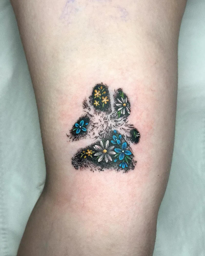 Textured Furry Paw Print Filled with Colorful Wildflowers