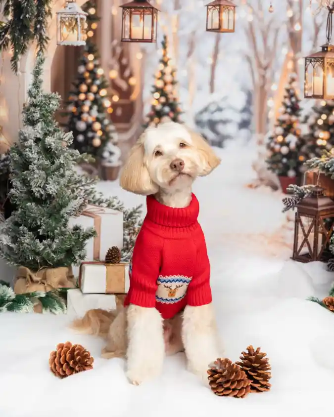 Thick Red Reindeer Turtleneck on a Miniature Doodle