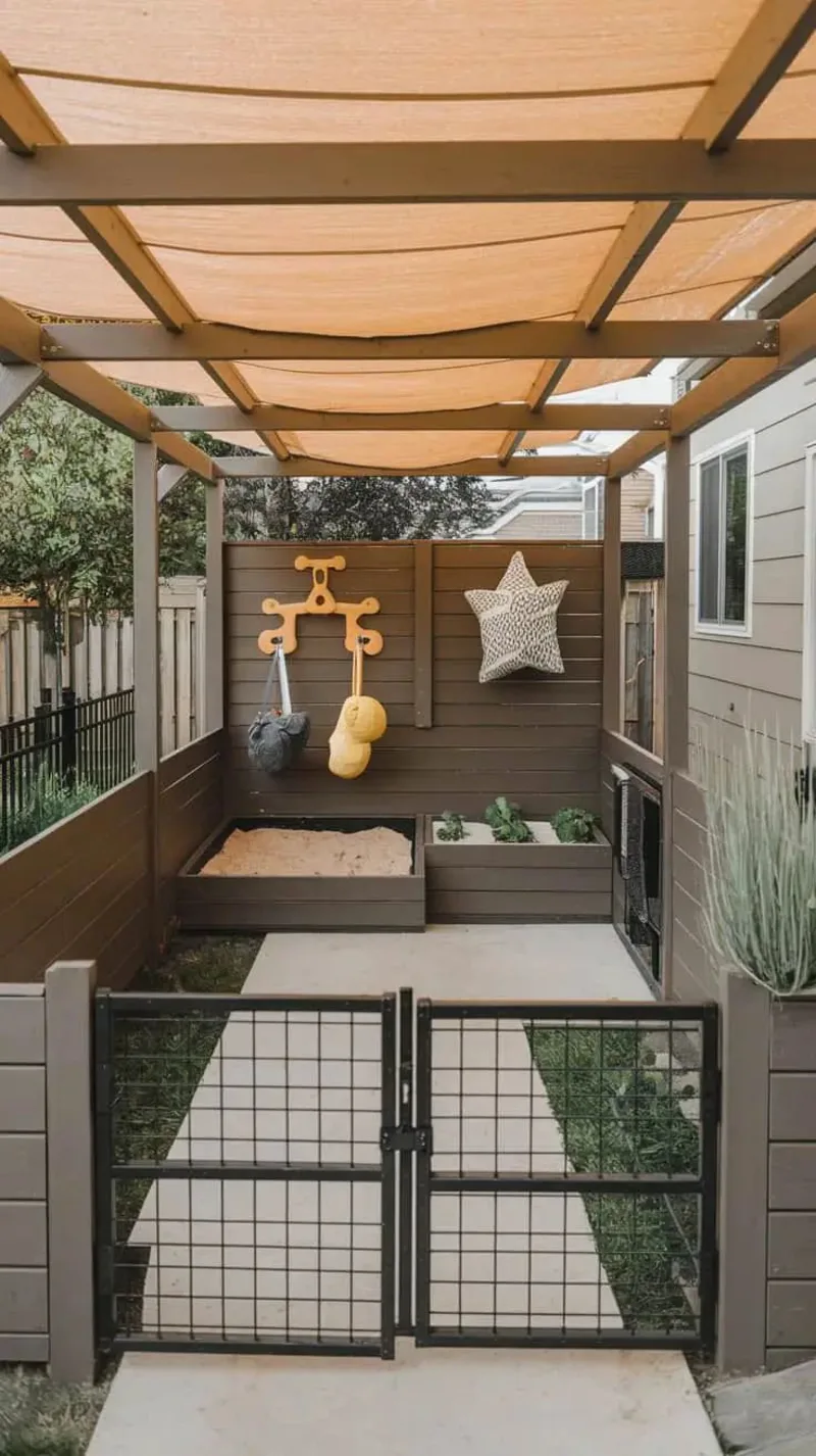 Timber Pergola with Woven Fabric Canopy and Sandbox Station