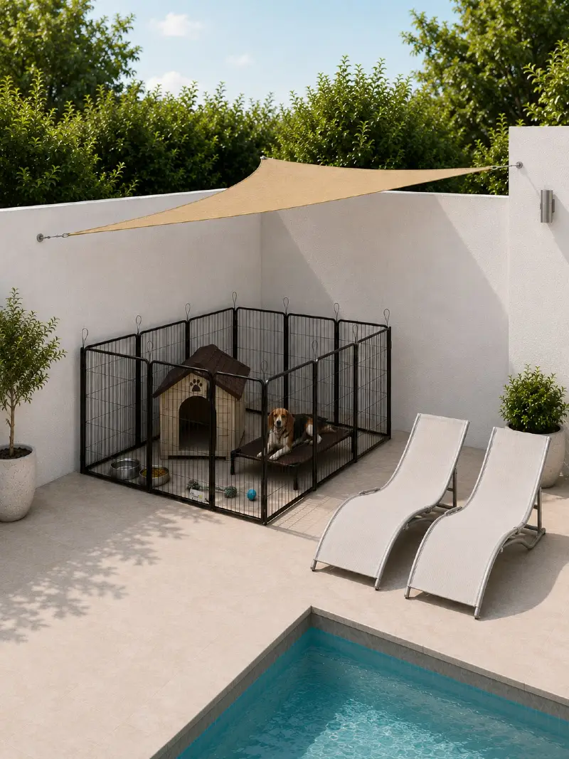 Triangular Tan Shade Sail Mounted Over a Patio Playpen