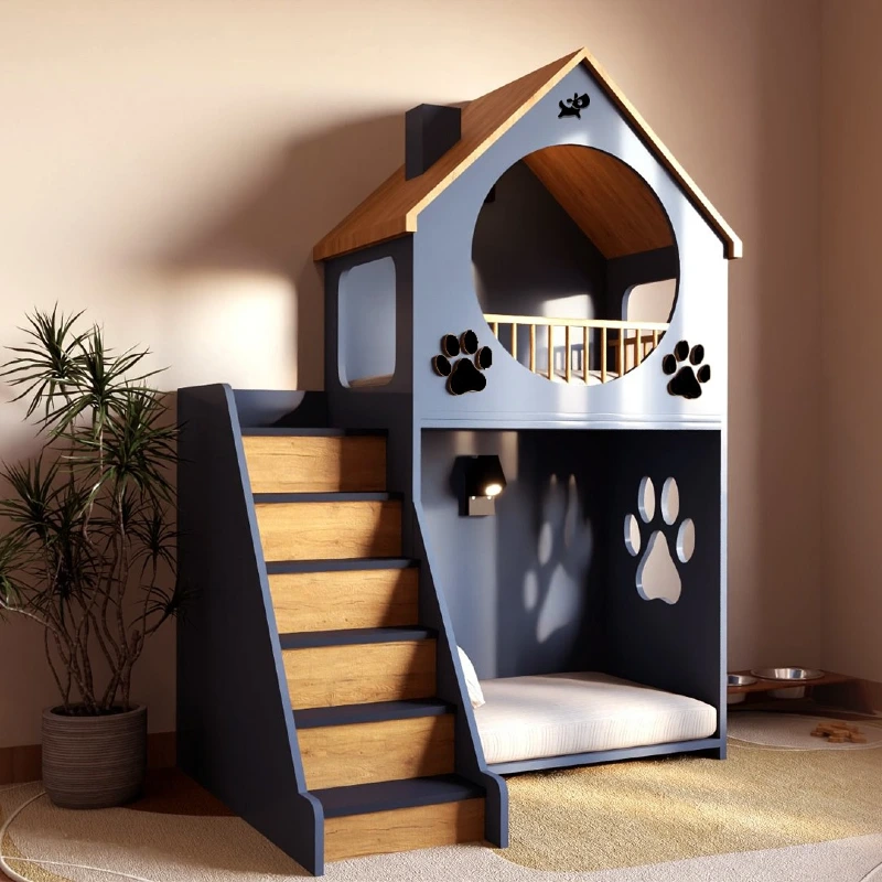 Two-Story Blue Bunk House with Wooden Steps
