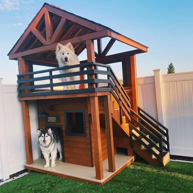 Two-Story Luxury Dog Mansion with Integrated Staircase, Covered Balcony, and Sconces