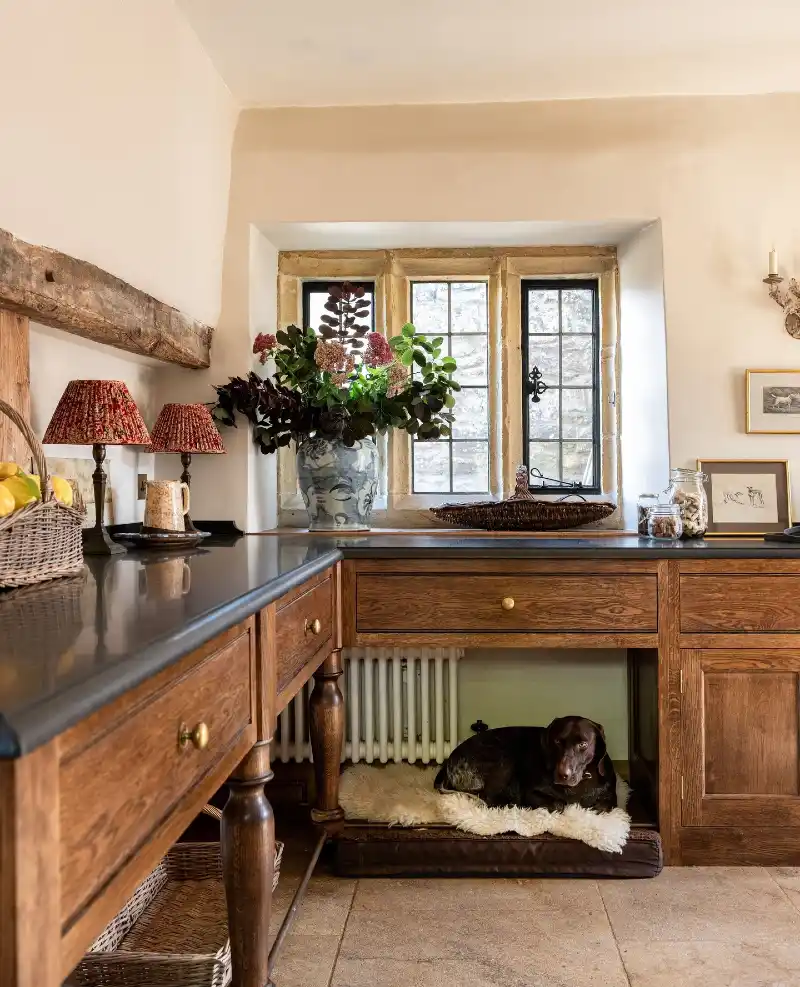 Under-Counter Oak Crate Nook with Sheepskin Rug
