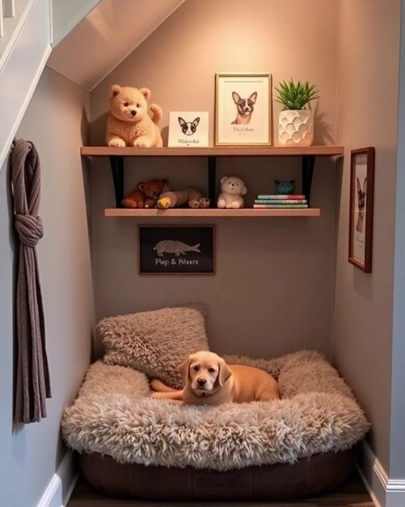 Under-Stair Pet Nook with Plush Shaggy Bed and Gallery Shelves